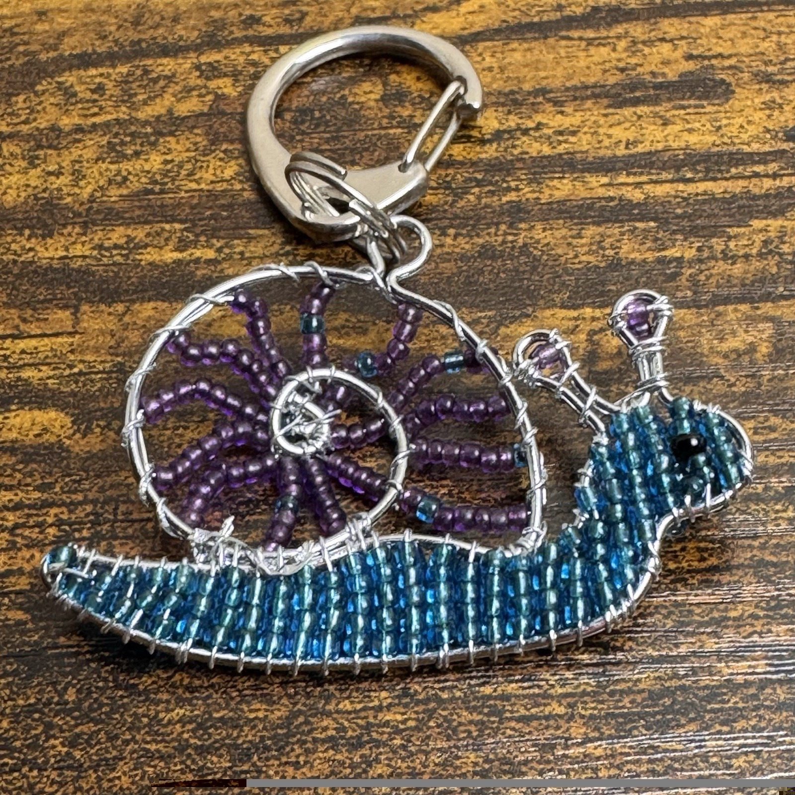 Handmade Beaded Snail Keychain Purse Charm Blue Purple Wire Wrapped Art
